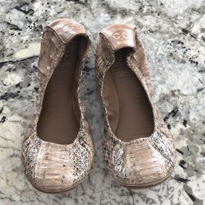 Tory Burch snakeskin flats, 8. Leather logo back.